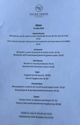 Valea Verde restaurant menu from 31 July 2026, listing a multi-course dinner with local ingredients, truffles, sorrel, ravioli, bourguignon and panna cotta.