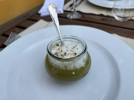 Sorrel cappuccino soup served in a small glass jar at Valea Verde restaurant in Cund.