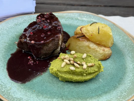 Pork served with red wine and berry sauce, roasted potatoes and green pea purée topped with pine nuts at Valea Verde.