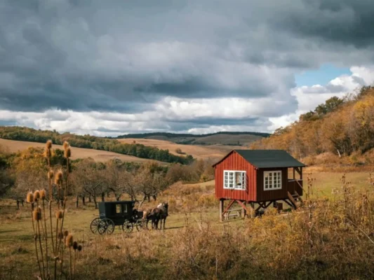 Horse-drawn carriage beside a small red cabin in the rolling countryside around Cund, Transylvania.