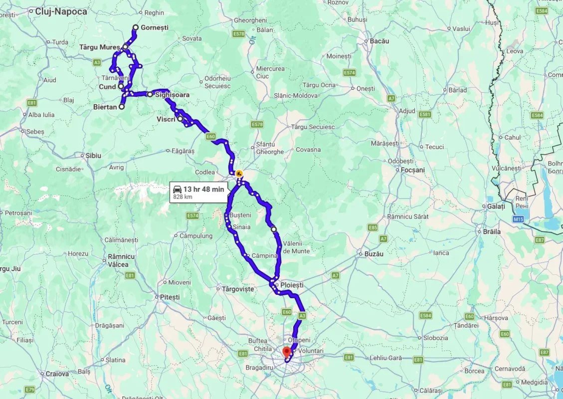 Map of the 828 km Transylvanian road trip from Bucharest through Viscri, Cund, Gornești, Târgu Mureș, Biertan and Sighișoara.