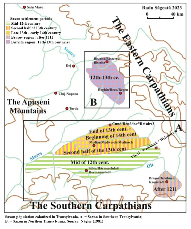 Map of Saxon settlement periods in Transylvania, showing Viscri and Cund within the medieval colonization regions from the 12th to early 14th centuries.