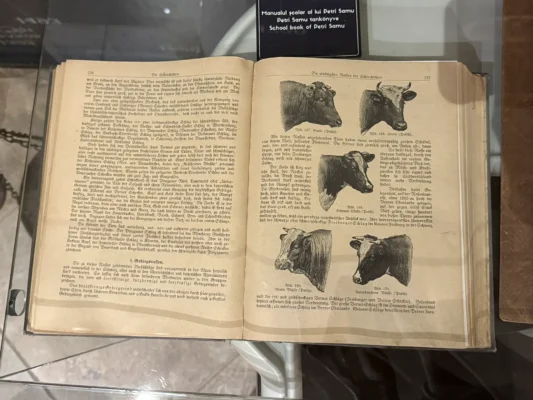 Petri Samu school book on cattle and butchery displayed at the Petry Museum in Târgu Mureș