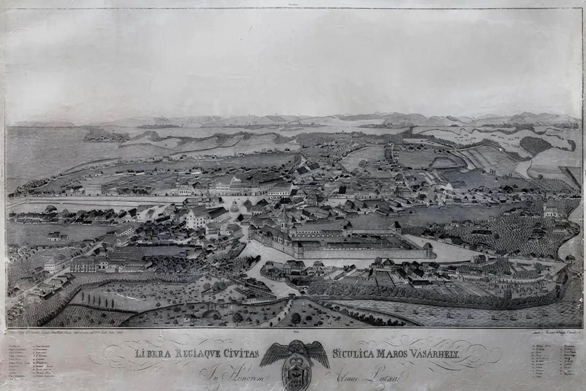 1827 engraving of Târgu Mureș, then Marosvásárhely, showing the historic Székely market town