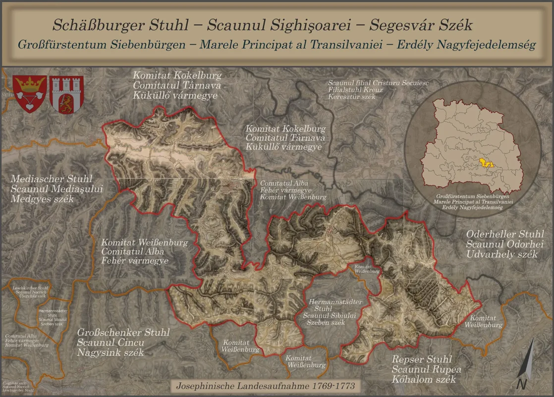 Map of the Schäßburger Stuhl, the historic Sighișoara administrative seat, based on the Josephine Survey of Transylvania, 1769-1773