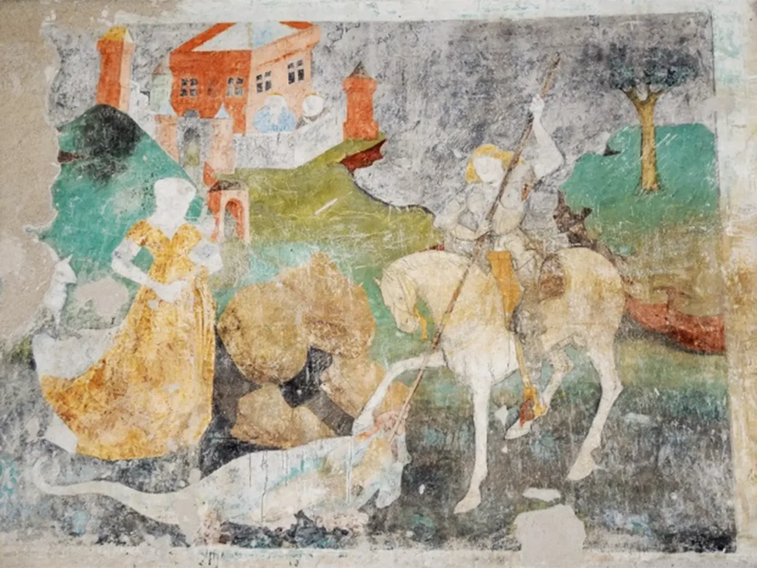 Medieval fresco of Saint George fighting the dragon inside the Church on the Hill in Sighișoara