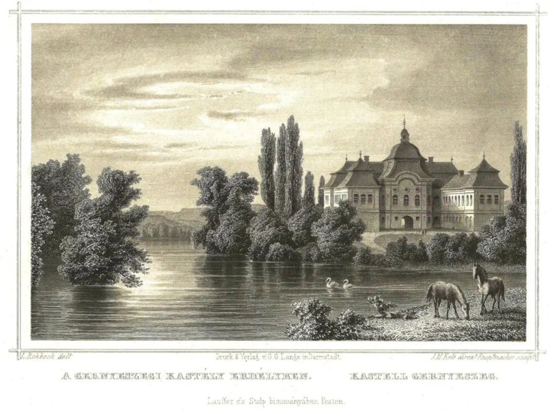 1856 engraving of Teleki Castle and its landscaped park in Gornești, Transylvania