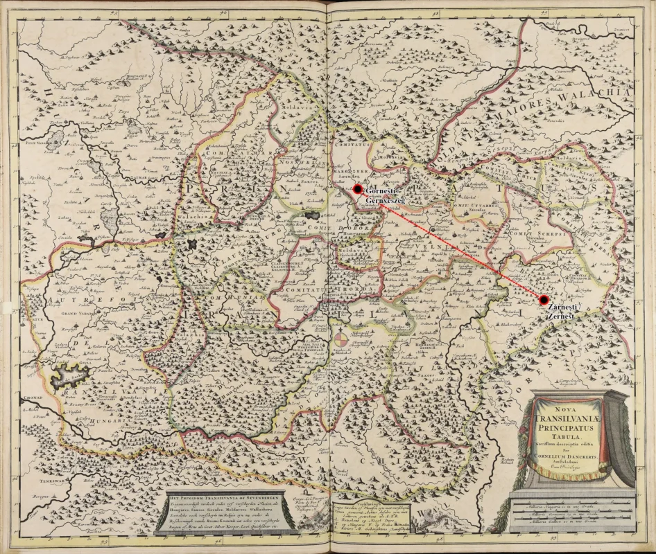 Historical map of the Principality of Transylvania marking Gornești and Zărnești, linked to Mihály Teleki's life and death