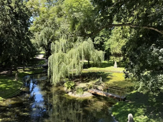 Dendrological park and pond at Teleki Castle in Gornești, Transylvania