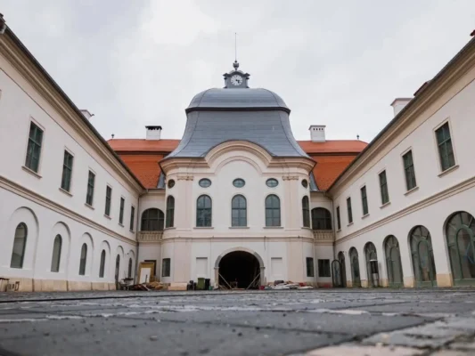 Restored inner courtyard of Teleki Castle in Gornești, showing its Baroque central pavilion