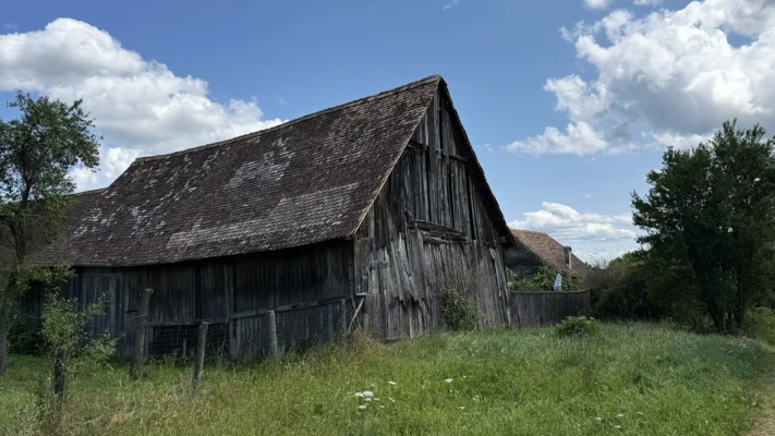 Traditional wooden barn in Viscri, Transylvania, with a weathered timber facade and tiled roof surrounded by summer grass.